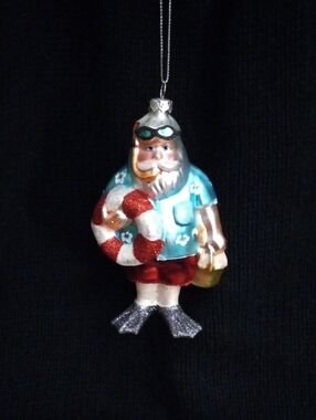 Beach Santa Glass  Christmas Ornament - Aqua Shirt, Red Shorts
